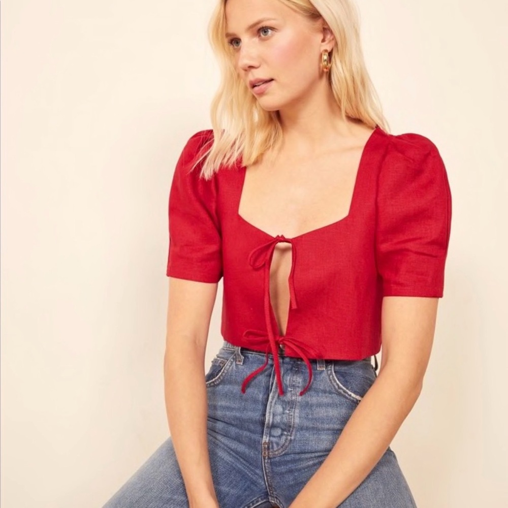 Reformation Red Linen Puff Sleeve Crop Top Size M